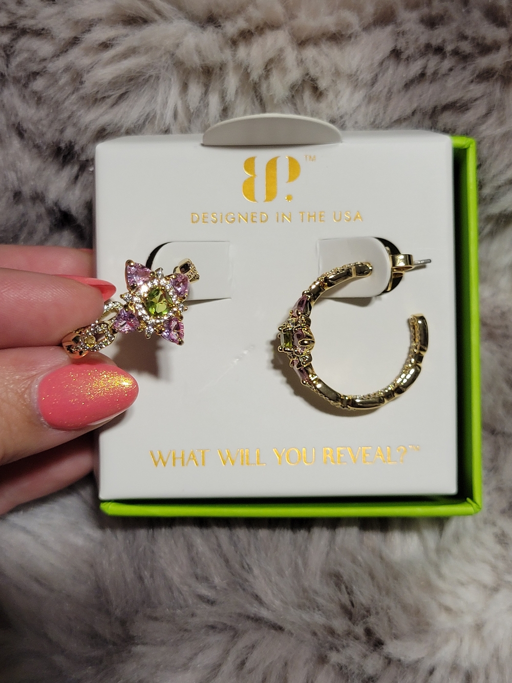 BP Gold Hoop Earrings with Green Center Stone and Pink Accents